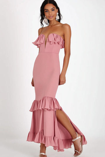 Mermaid Pink Strapless Sequin Long Formal Dress with Slit